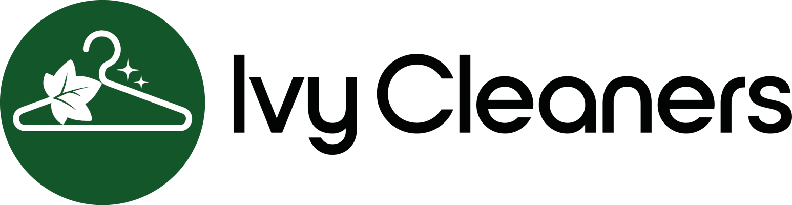 Ivy Cleaners logo featuring a hanger with an ivy leaf